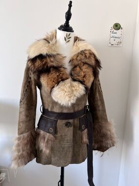 Vintage Brown Olive Suede Fur Jacket w Fox Collar & Leather Belt S Boho Western